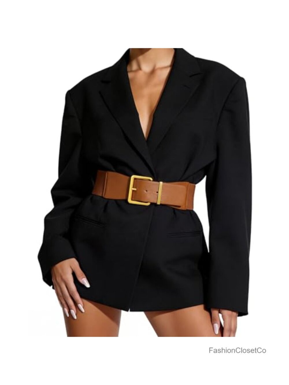 Wide Elastic Stretch Belt PU Leather Antique Gold Square Buckle Dresses Waist